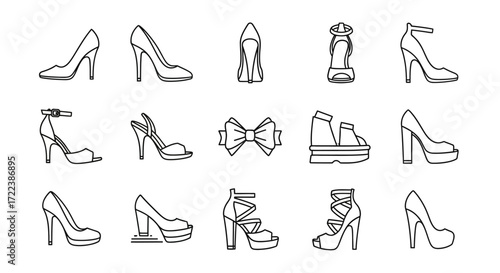 A collection of women's high heel shoe icons, featuring various styles like pumps, sandals, and platforms in a black line art style.