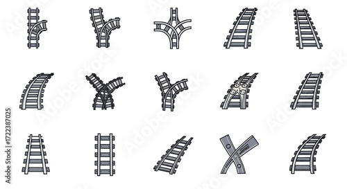 A collection of various gray train track segments, including straight, curved, and branching junctions, arranged on a white background.