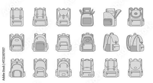 A comprehensive collection of diverse backpack designs, presented as clean, minimalist gray and white line art icons.