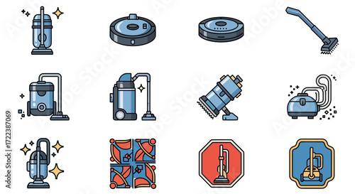 A collection of stylized vacuum cleaner icons, showcasing various models including upright, robotic, and canister designs, some with sparkle effects.
