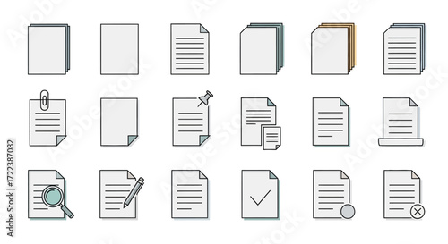 Collection of various stylized document icons, depicting different paper and file formats.