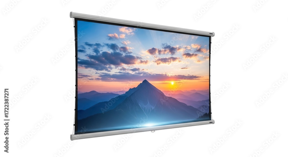Fototapeta premium Roll-down screen presenting a vivid mountain range at sunrise or sunset featuring a bright sun and cloudy sky