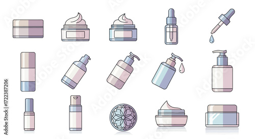 Collection of various cosmetic containers and bottles, showcasing different skincare products.