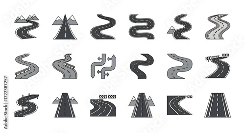 Collection of various road and highway icons in grayscale.