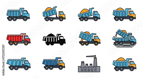 Collection of colorful dump truck and factory icons.