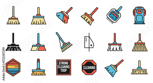 Collection of colorful cleaning brush and broom icons.