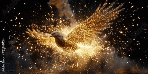 Golden bird of fire erupting in sparks