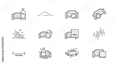 A collection of minimalist line art icons depicting various stages and elements of car washing and detailing services, including cleaning supplies, car shapes, and polishing tools.