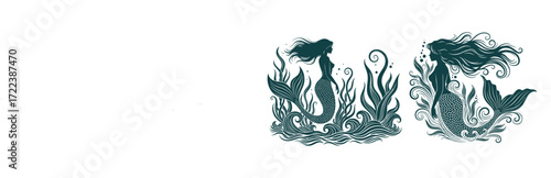 Elegant Mermaid in Ocean Flora Illustration Set