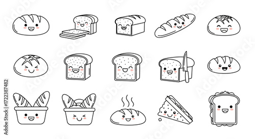 A collection of charming, hand-drawn cartoon bread characters with happy faces, showcasing various baked goods like loaves, baguettes, and sandwiches, presen...