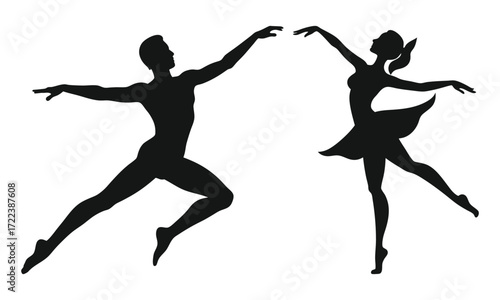 Ballet dancers silhouettes vector, man and woman dancing pair in performance pose.