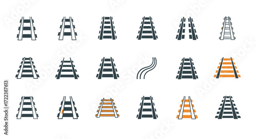 Collection of diverse railway track icons, illustrating various angles and configurations.