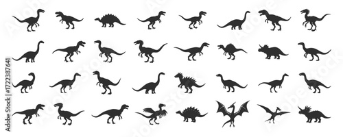 Huge diverse dinosaur silhouette collection, prehistoric, jurassic, monster animal vector set.