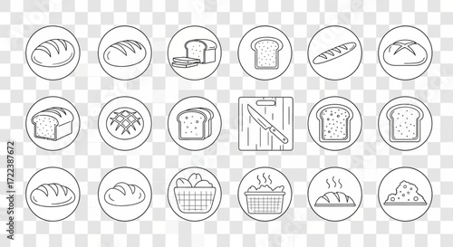 Collection of outlined bread icons, including loaves, slices, and a breadboard with knife, all within circular frames.