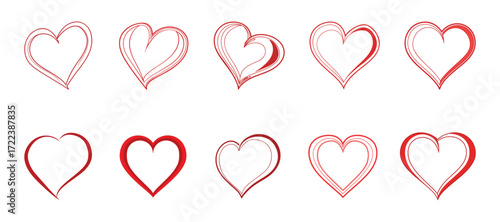 Red outline sketch heart collection love line art design element vector set.