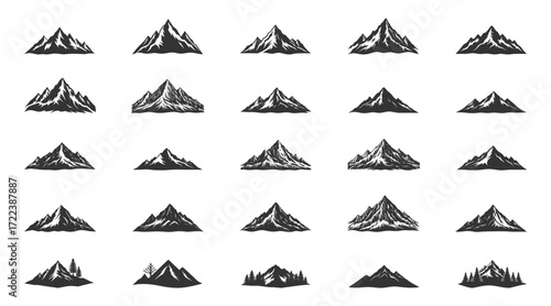 Mountain silhouette vector collection of peaks, alpine symbols, hiking and adventure icons.