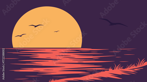 Sunset landscape vector design with birds flying over ocean water.