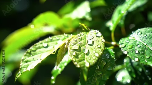 Close-up of Lush Green Leaves Covered in Sparkling Rain Drops on a Sunny Day