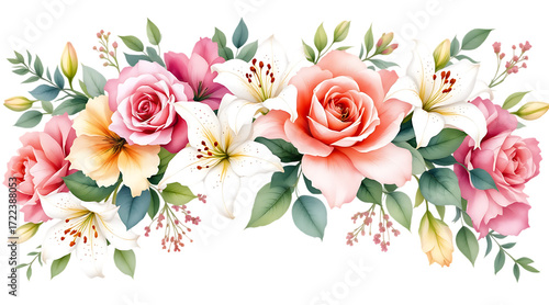 Watercolor Floral Arrangement with Roses and Lilies, Isolated on transparent background