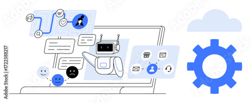 Wallpaper Mural AI chatbot interacting via speech bubbles, emoticons, and task connection icons over a laptop screen. Ideal for AI, automation, customer service, workflow, communication technology software. Simple Torontodigital.ca