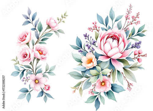 Watercolor Pink Floral Bouquets and Elements - Isolated on transparent background