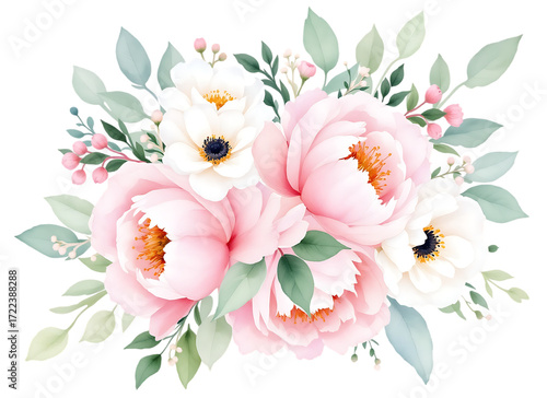 Pink Peonies and White Anemones Floral Arrangement - Watercolor Illustration Isolated on Transparent Background

