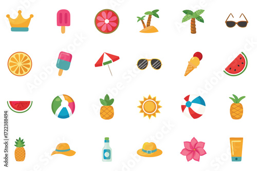 Colorful summer icons depicting tropical fruits beach accessories and sweet treats