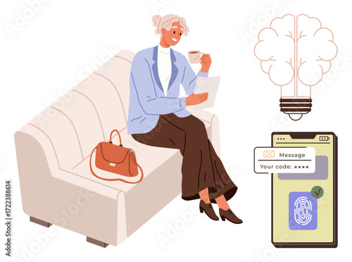 Woman seated on sofa with coffee and documents, mobile phone showing fingerprint verification. Lightbulb represents innovation. Ideal for technology, authentication, creativity, relaxation, work-life