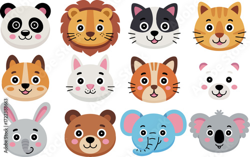 This image presents a cheerful collection of twelve cartoon animal faces, including a panda, lion, cat, raccoon, bunny, bear, elephant, and koala.