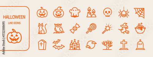 Cute Halloween item line icon set