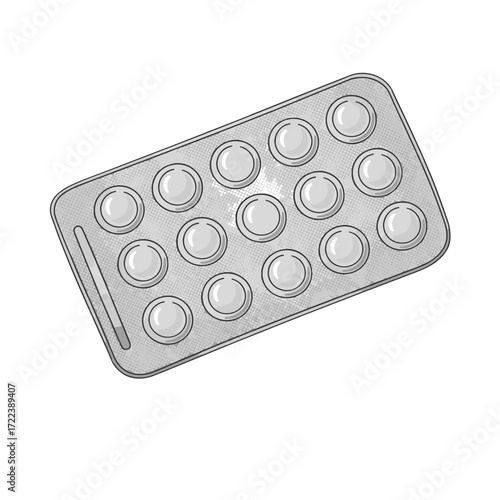 Pill Pack Illustration: A close-up, top-down view of a silver pill pack. The pack, filled with several medication tablets, hints at health, wellness, and medication.