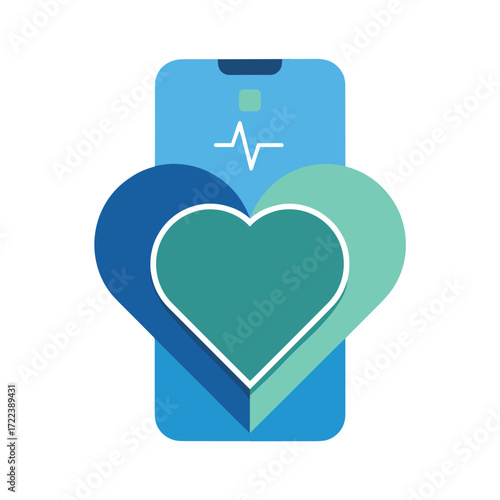 Mobile Healthcare: A digital health application displays heart rate and interconnected heart forms, symbolizing the intersection of technology and wellness, innovation in modern medicine.