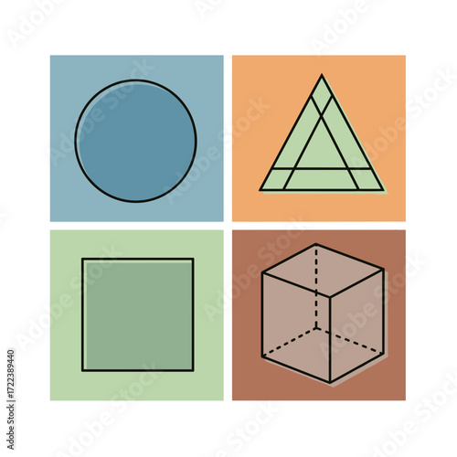 Geometric Harmony: A visually balanced composition of basic geometric shapes and forms: a circle, triangle, square, and cube. Displaying design principles in a simple and elegant manner. 
