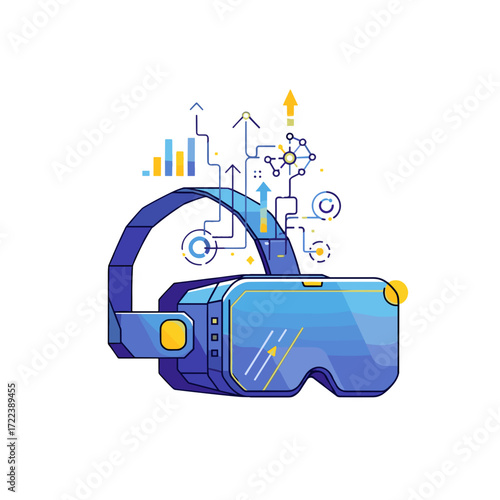 VR Innovation: A vibrant illustration of a virtual reality headset, showcasing cutting-edge technology and innovation, with interconnected data streams, graphs, and charts emerging.