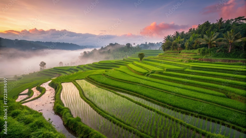 Obraz premium Panoramic aerial view of lush green rice terrace field at sunrise, misty morning landscape, tropical countryside, serene and peaceful atmosphere