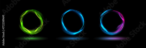 Set of glowing neon color circles round curve shape with wavy dynamic lines isolated on black background technology concept. Circular light frame border.