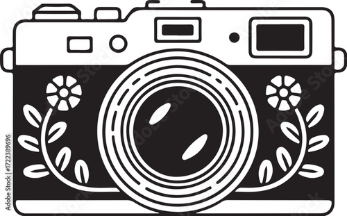 Classic Camera with Floral Ornaments – Black and White EPS Illustration