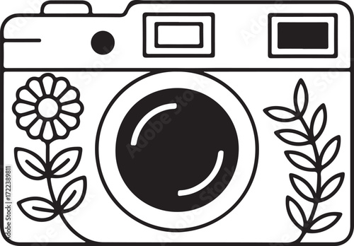 Classic Camera with Floral Ornaments – Black and White EPS Illustration