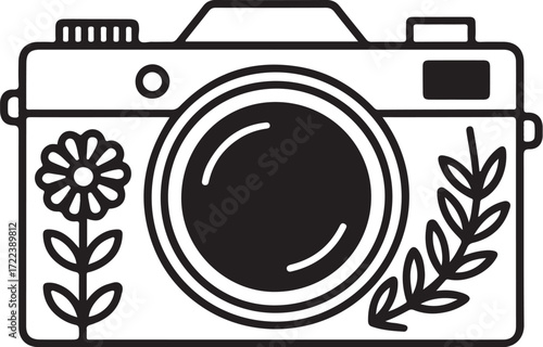 Retro Camera with Decorative Flowers – Elegant Line Art Vector EPS