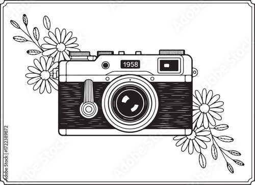 Retro Camera with Decorative Flowers – Elegant Line Art Vector EPS