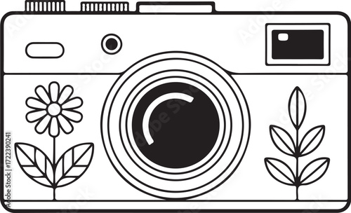 Retro Camera with Decorative Flowers – Elegant Line Art Vector EPS