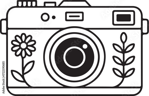 Vintage Camera with Floral Design – Black and White EPS Illustration