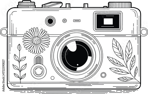 Vintage Camera with Floral Design – Black and White EPS Illustration