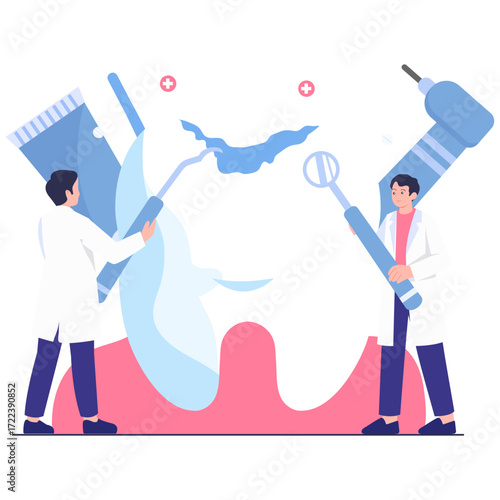 Dentists treating a large tooth with tools and toothpaste