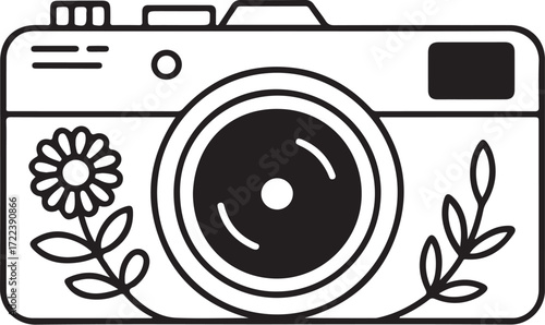 Vintage Camera with Floral Design – Black and White EPS Illustration