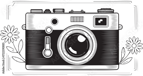 Vintage Camera with Floral Design – Black and White EPS Illustration