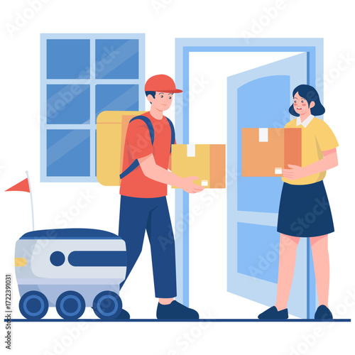 Delivery person hands box to woman at door robot waits nearby