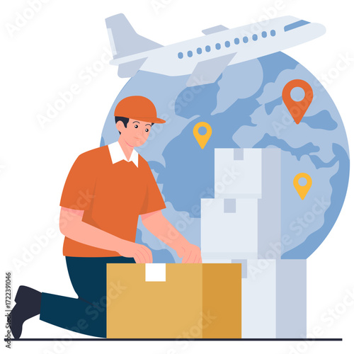 Delivery person with packages and globe with airplane