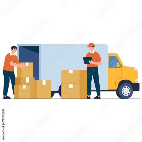 Delivery workers loading boxes from a truck