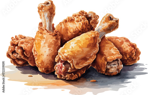 This image displays a delicious-looking pile of golden-brown fried chicken pieces, including drumsticks and wings